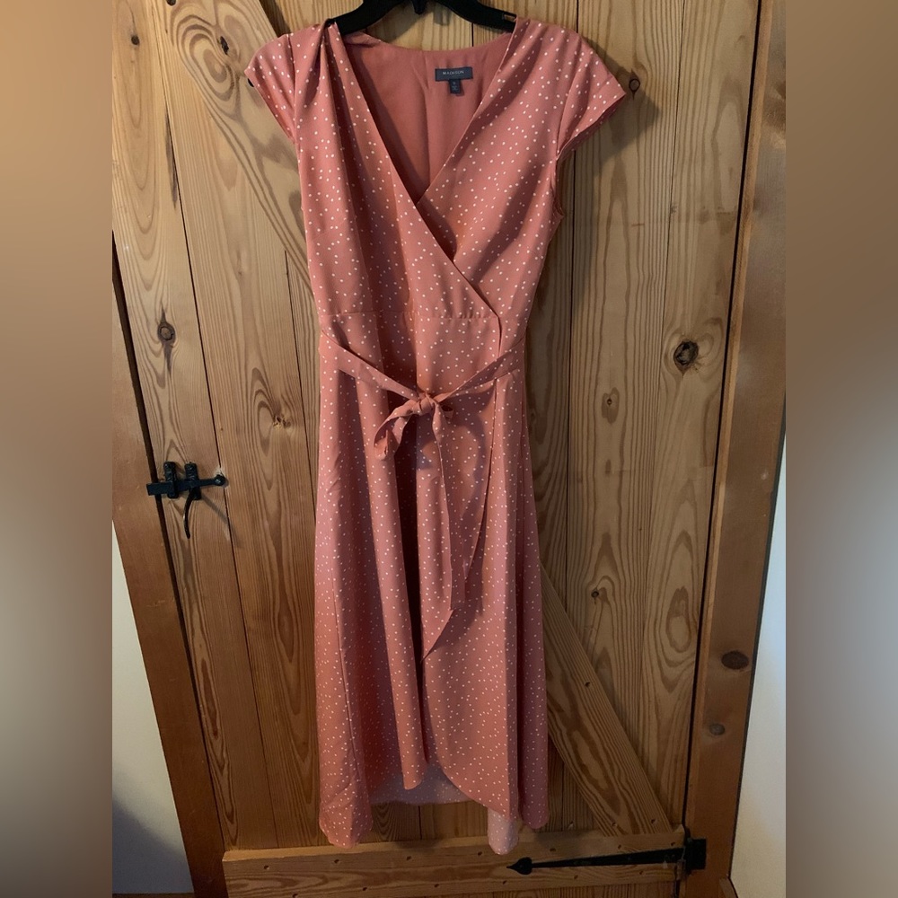 Peach tea length wrap dress